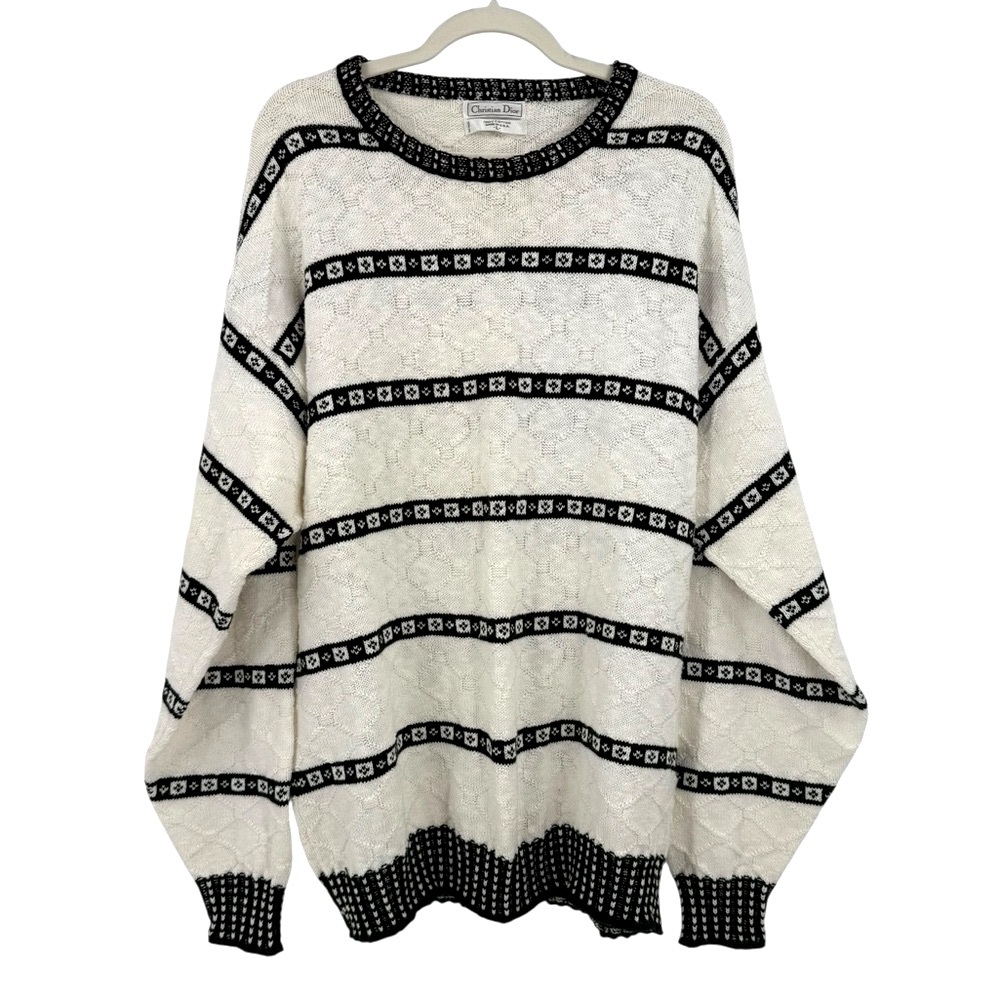 Vintage Christian Dior Black & White Diamond lattice/Cable knit Cotton Sweater L